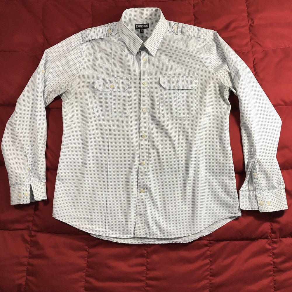 Express Fitted Dress Shirt Men's XL 17-17 1/2 White Diamond Circle Rolled Sleeve